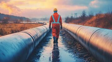 Worker in safety gear walking along pipeline at sunset near a river in a rural area photo