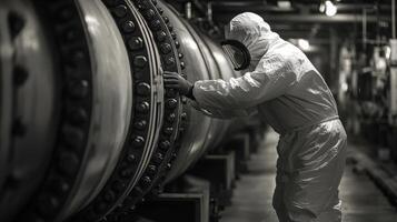 Worker in protective gear inspects industrial equipment in a facility during evening hours photo