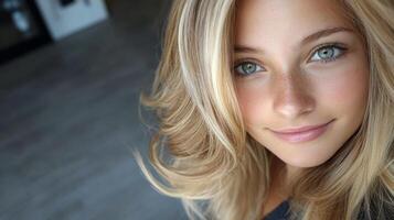 Young woman with beautiful hair and glowing skin smiles warmly in a cozy indoor setting during daylight photo