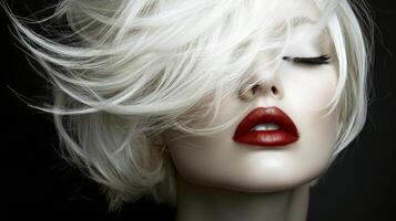 Captivating model with striking red lips and short blonde hair posing against a dark backdrop photo
