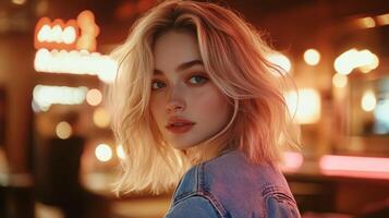 Young woman with blonde hair poses stylishly in a vibrant urban setting at night photo