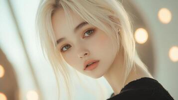 Young woman with blonde hair and captivating eyes posing in a softly lit studio with warm bokeh lights in the background photo