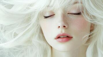Captivating beauty portrait of a woman with pale skin and platinum hair set against a soft background photo