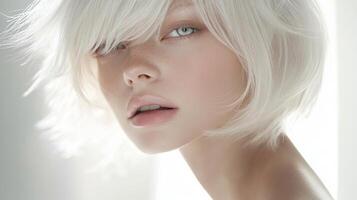 Blonde model with short hair poses for a soft portrait in natural light showcasing striking features and calm expression photo