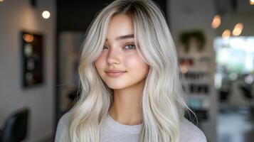 Young woman with long, wavy blonde hair smiles confidently in a modern salon setting during the day photo