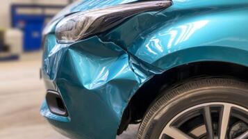 Car with significant damage parked in repair shop showing crumpled fender and wheel in well-lit environment photo