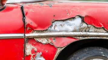 Detailed view of weathered red car door showing exposed metal and rust near a parking area in broad daylight photo