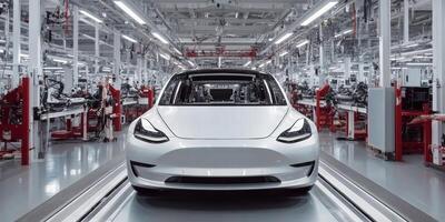 Modern electric vehicle assembly line showcasing production process in a large manufacturing facility photo