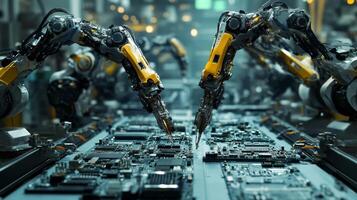 Advanced robotic arms assembling electronic components in a high-tech manufacturing facility photo