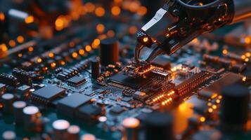 Robot arm assembling components on a circuit board in a high-tech workshop photo
