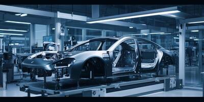 Sleek electric vehicle chassis displayed in a modern manufacturing facility during daytime hours photo