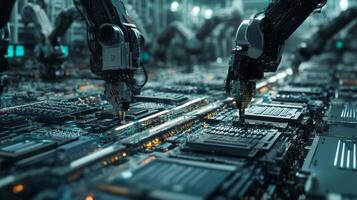 Advanced robotic arms assembling complex circuit boards in a high-tech manufacturing facility photo