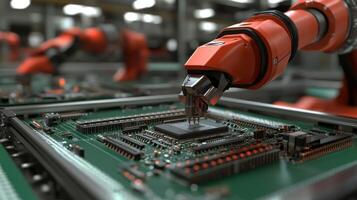 Robotic arm assembling circuit boards in a modern manufacturing facility during daytime photo