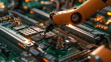 Robotic arm assembling electronic components in a high-tech manufacturing facility during daytime photo