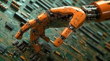 Metal robotic hand engaged in intricate electronic circuit assembly at a technology lab in the afternoon photo