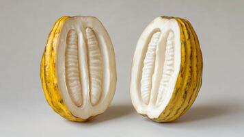 Unique split cacao pod showcasing the inner structure and texture of the cacao fruit photo