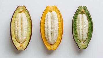 Unique varieties of cacao pods showcasing colors of green, yellow, and brown in a natural display photo