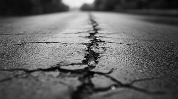 Cracked asphalt road in black and white showcasing wear and tear from environmental elements photo