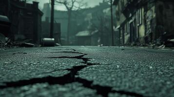 Desolate cracked street in a post-apocalyptic urban landscape with abandoned buildings and a melancholic atmosphere photo