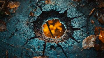 Reflection of autumn leaves in a shallow puddle surrounded by cracked earth and fallen foliage photo