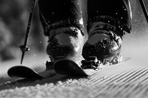Ski tips gliding on freshly groomed white snow in a winter landscape during daylight photo