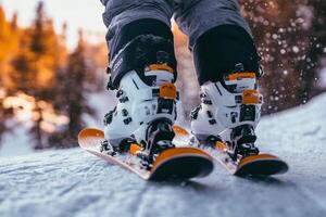 Snowy mountain adventure skiing on a bright winter day with stunning alpine scenery in the background photo