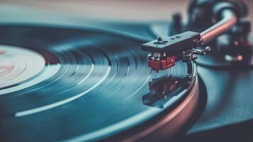 Vinyl record playing on a turntable in a cozy room filled with soft lighting and a relaxing ambiance photo