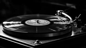 Vintage vinyl record spinning on a turntable in a music studio setting during the evening photo