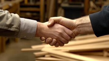 Two individuals sealing a deal with a handshake in a woodshop setting during daylight hours photo