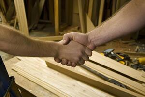 Two workers shaking hands in a woodworking shop promoting collaboration and teamwork during the day photo