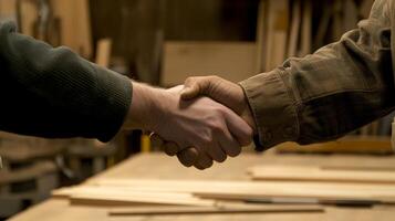 Handshake between two individuals in a workshop signaling agreement and collaboration photo