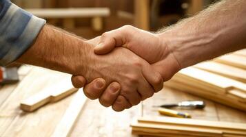 Handshake between two craftsmen in a workshop setting, symbolizing collaboration and mutual respect in woodworking photo