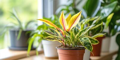 Vibrant indoor plants in pots enhance a bright window sill during late afternoon light photo