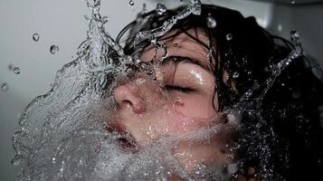 Woman submerged in water with bubbles during a moment of reflection in a serene indoor setting photo