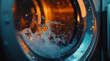 Water splashes in a washing machine during a laundry cycle in a home setting photo