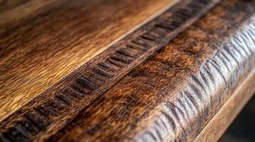 Distinctive craftsmanship of a wooden surface showcasing intricate textures and patterns in natural light photo