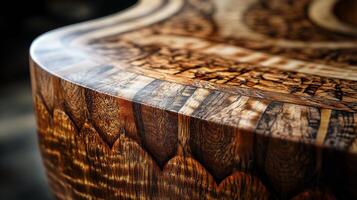 Exquisite wooden craftsmanship showcasing intricate carvings and natural patterns in a beautifully finished surface photo