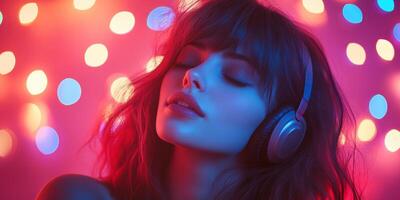 Woman enjoying music with headphones in a vibrant and colorful setting filled with lights at night photo