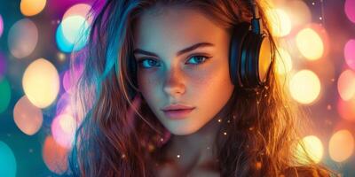Young woman enjoying music with headphones surrounded by colorful lights at night photo