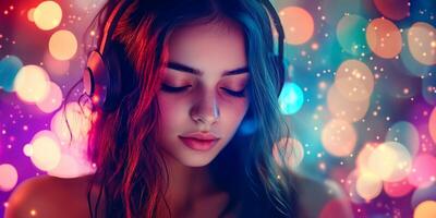 Young woman enjoying music with headphones amidst vibrant colorful lights at a nighttime event photo