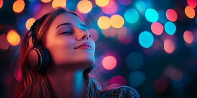 Enjoying music with headphones amidst colorful bokeh lights in a cozy atmosphere photo