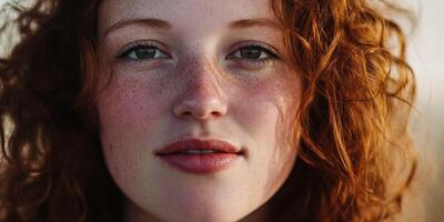Freckles and curls illuminate a serene expression on a woman's face during twilight photo