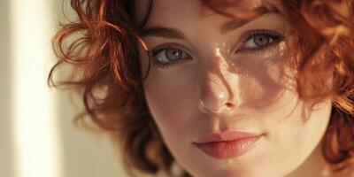 Young woman with curly red hair gazes thoughtfully, illuminated by warm sunlight in a cozy indoor setting photo