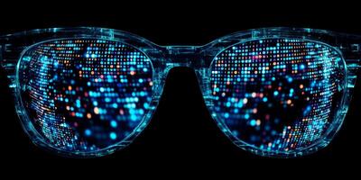 Innovative smart glasses with digital display reflecting vibrant data in dark environment photo