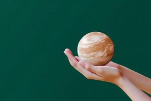 Holding a small planet model in hands against a green background with swirling patterns photo