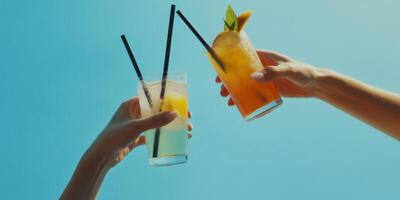 Friends celebrating summer with refreshing beverages under a clear blue sky photo