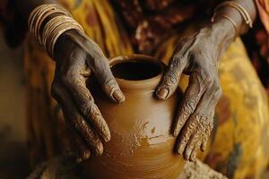 Skilled artisan shapes clay pot in traditional pottery craft at rural workshop in India during daylight hours photo