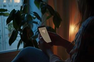 Person checking smartphone for Wi-Fi connections while sitting by a window during evening hours photo