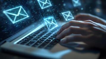 Digital communication takes center stage as hands type rapidly on a laptop with glowing email icons surrounding photo