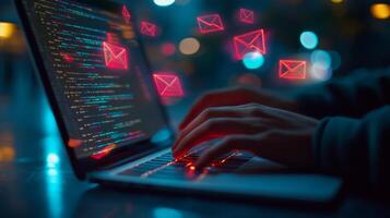 Hands typing on a laptop while digital envelopes float above during nighttime in a cozy atmosphere photo